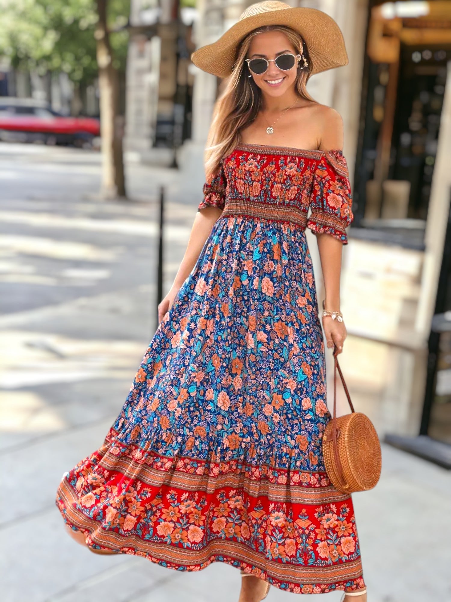 Multicolor Floral Print Off-Shoulder Bohemian Dress for Women Anna-Kaci Multicolor Floral Print Off-Shoulder Bohemian Dress for Women Anna-Kaci