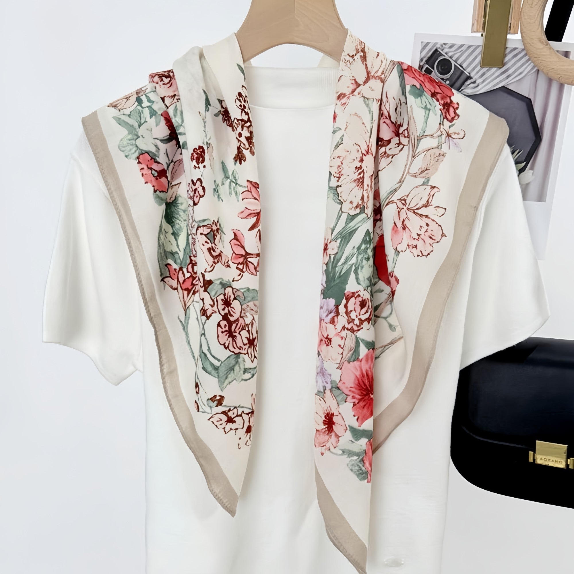 Anna-Kaci Women's Floral Print Square Scarf with Lightweight Draped Fabric, Soft Smooth Texture, and Elegant Border Detailing 35.5x35.5in