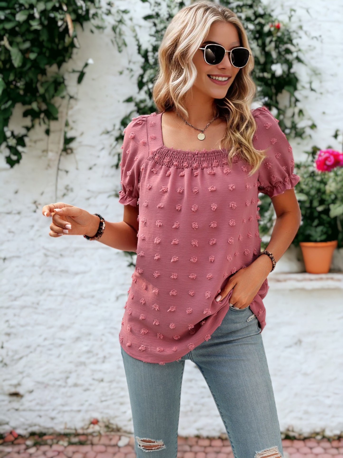 Shirred Square Neck Puff Sleeve Blouse