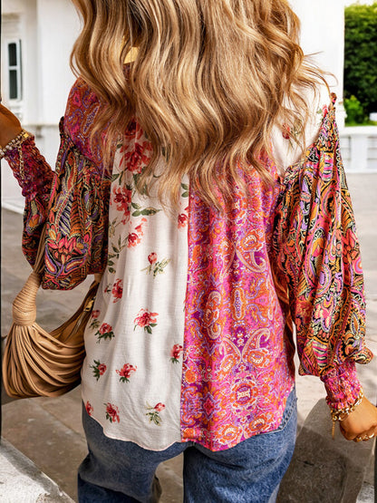 Blusa de manga larga con escote en V y diseño de patchwork bohemio para mujer de Anna-Kaci con estampado floral y cachemir combinado