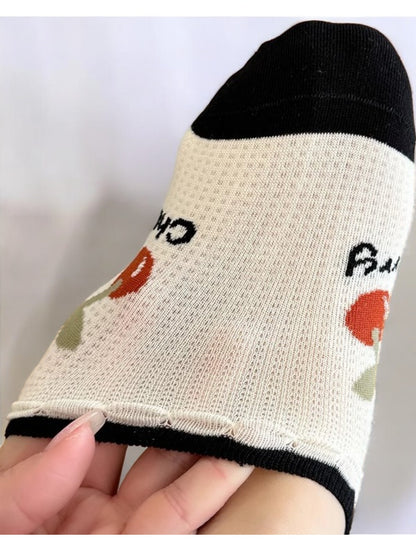 Anna-Kaci Women's Low-Cut Ankle Socks with Cherry Embroidery and Striped Design