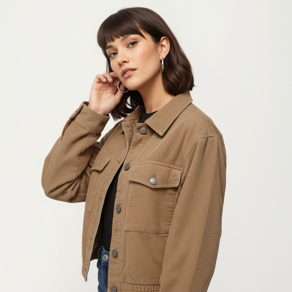 Anna-Kaci Women's Button Front Utility Jacket with Soft Corduroy Texture and Structured Collar Design