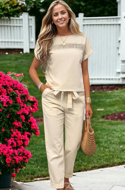 Women's Two Piece Set, Batwing Sleeve Patch Lace Top And Waist Tie Pants