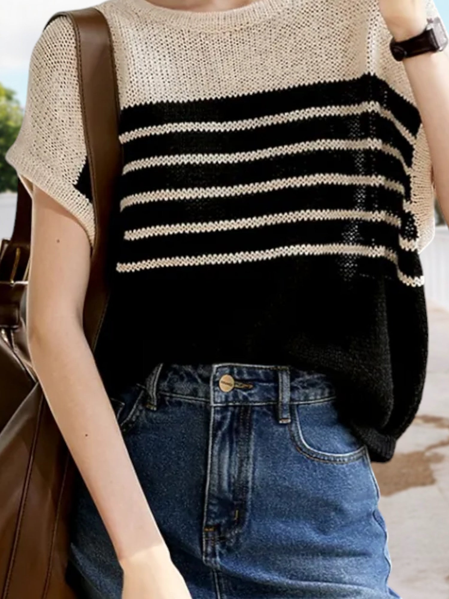 Anna-Kaci Women's Striped Knit Sleeveless Sweater Top with Round Neck