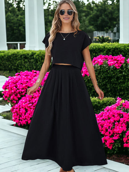 Two Piece Set Casual Short Sleeved Crop Top And Long Skirt