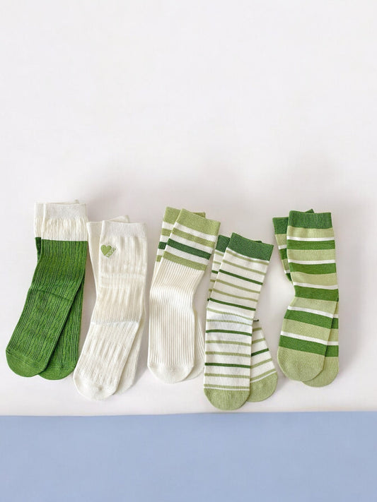 Anna-Kaci Women's Striped and Heart Embroidered Socks in Green Tones