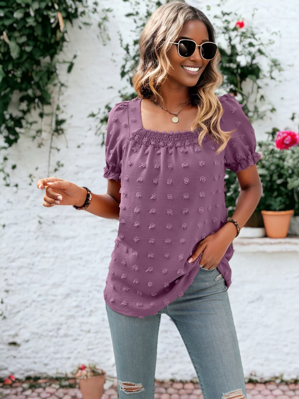 Shirred Square Neck Puff Sleeve Blouse