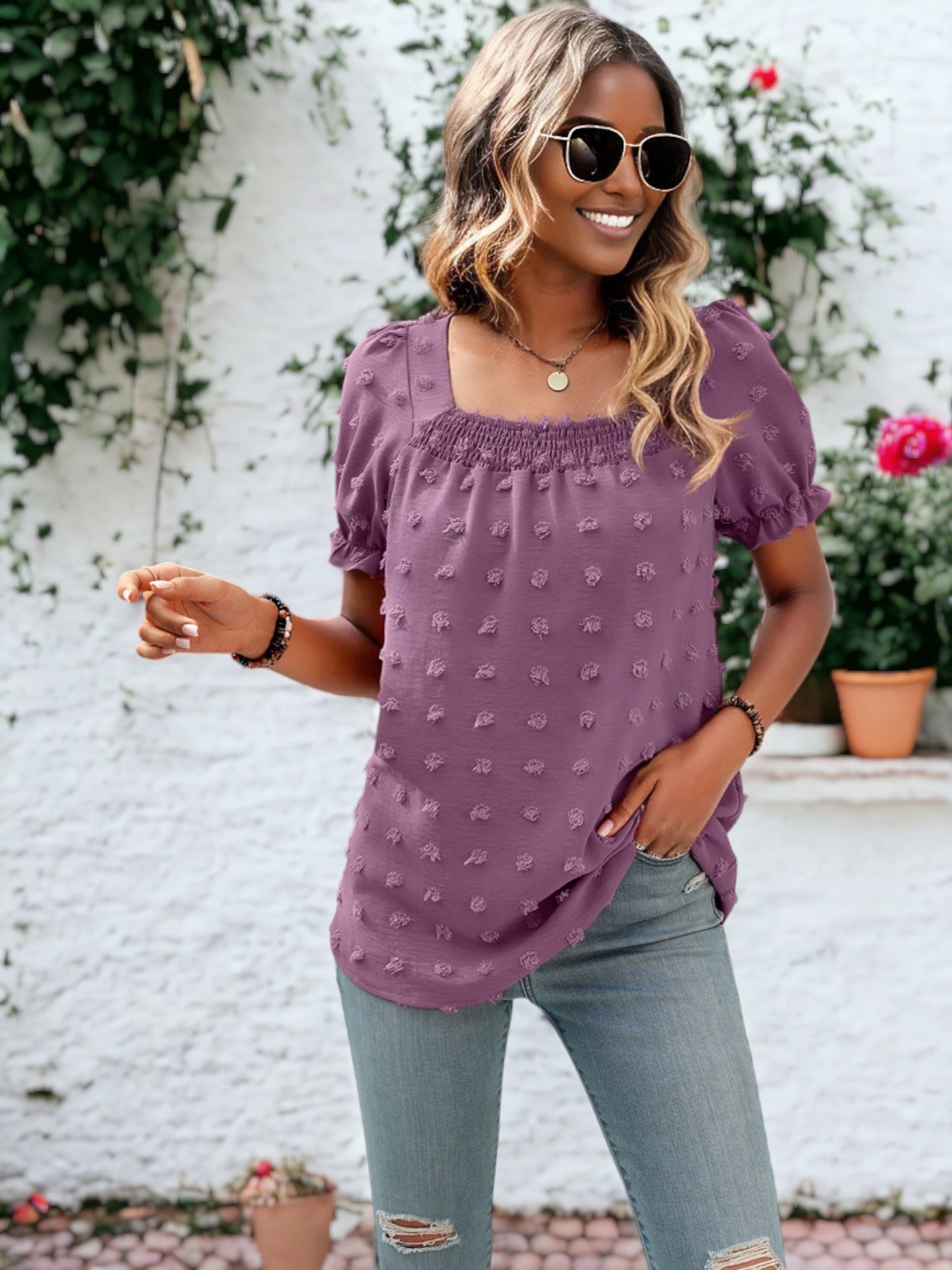 Shirred Square Neck Puff Sleeve Blouse