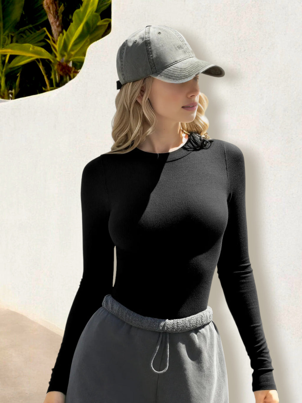 Top de cuello redondo y manga larga acanalado para mujer de Anna-Kaci