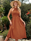 Clip Dot Halter Neck Textured Pleated Flared Midi Dress