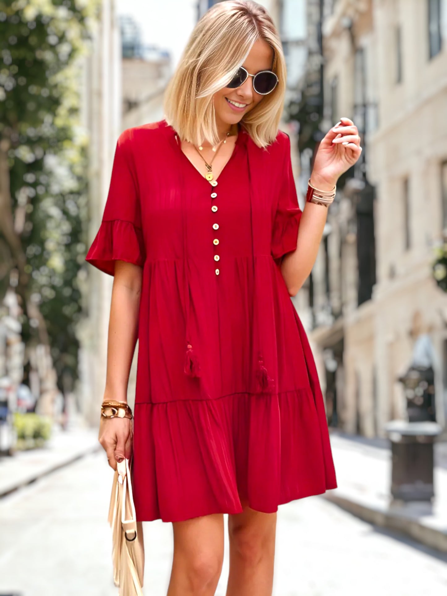 V Neck Button Front Shift Dress