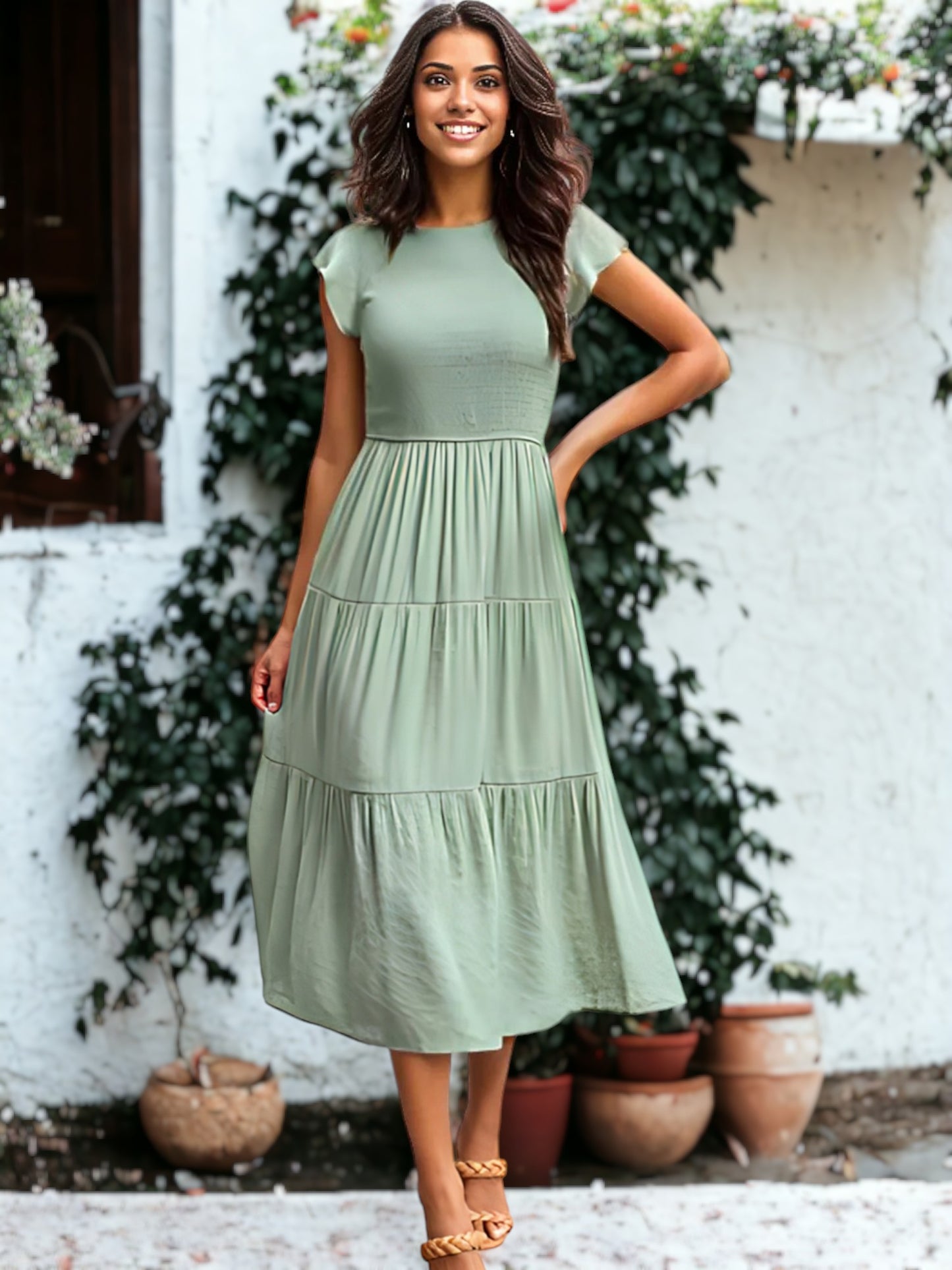 Shirred Ruffle Sleeve Midi Dress