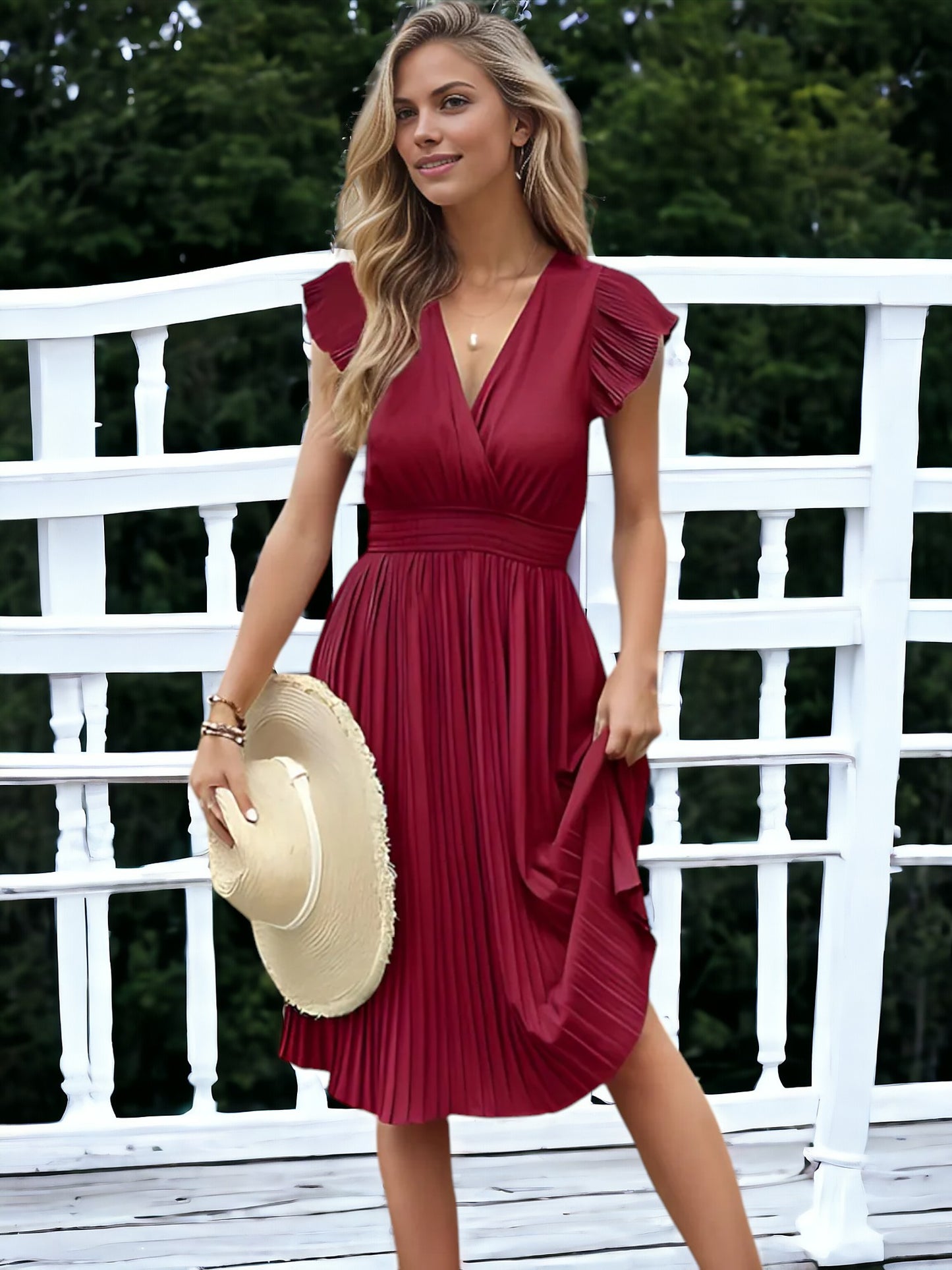 V-Neck And Smock Waisted Pleated Midi Dress