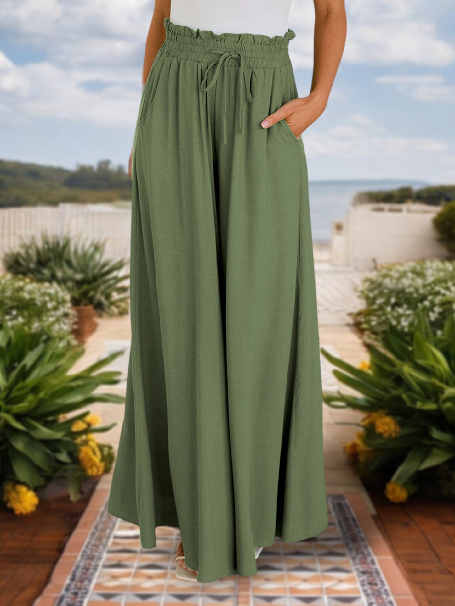 Anna-Kaci Women's High Waist Wide Leg Pants with Drawstring Waist