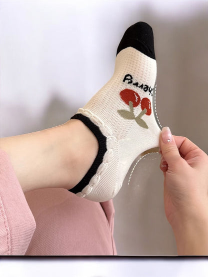 Anna-Kaci Women's Low-Cut Ankle Socks with Cherry Embroidery and Striped Design