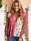 Blusa de manga larga con escote en V y diseño de patchwork bohemio para mujer de Anna-Kaci con estampado floral y cachemir combinado