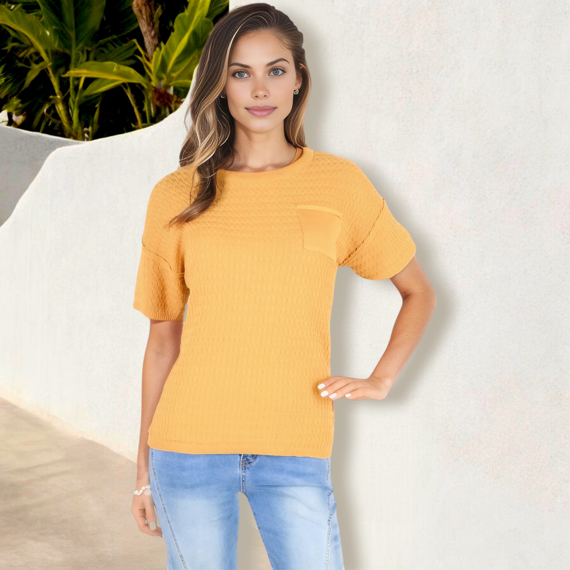 Camiseta de manga corta de punto gofrado para mujer de Anna-Kaci con bolsillo en el pecho