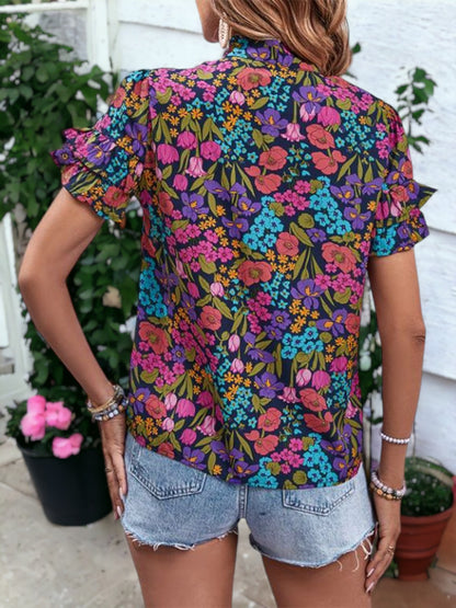 Floral Printed Tie Neck Ruffle Sleeve Blouse