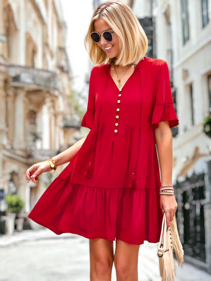 V Neck Button Front Shift Dress