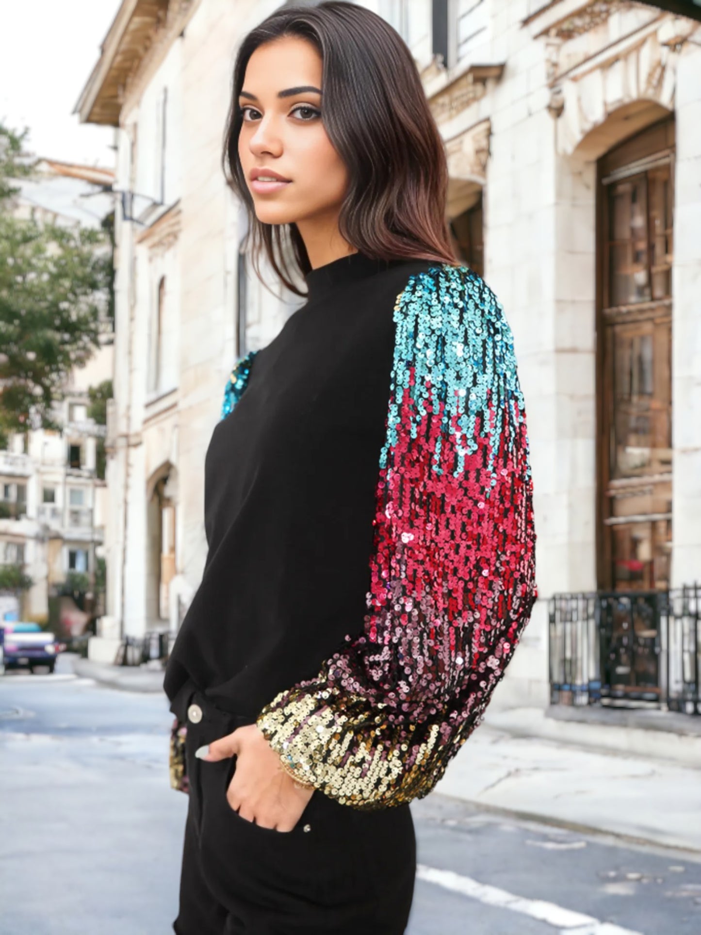 Sequin Puffed Long Sleeve Mock Neck Pullover