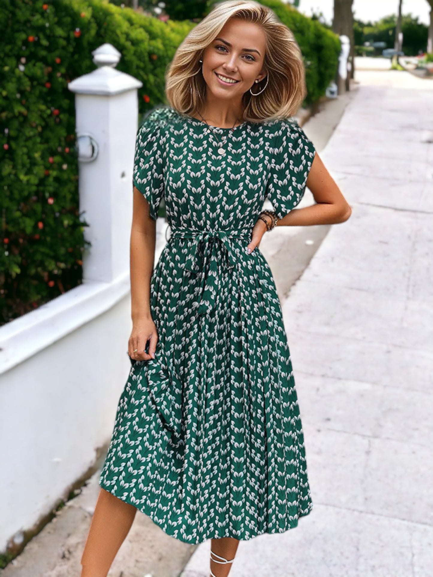Floral Printed Waist Tied Tulip Sleeved Long Pleated Midi Dress