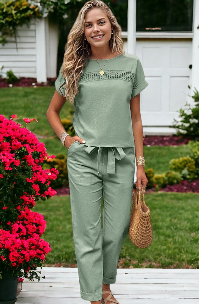 Conjunto de dos piezas para mujer, top de encaje con parches y mangas de murciélago y pantalones con lazo en la cintura