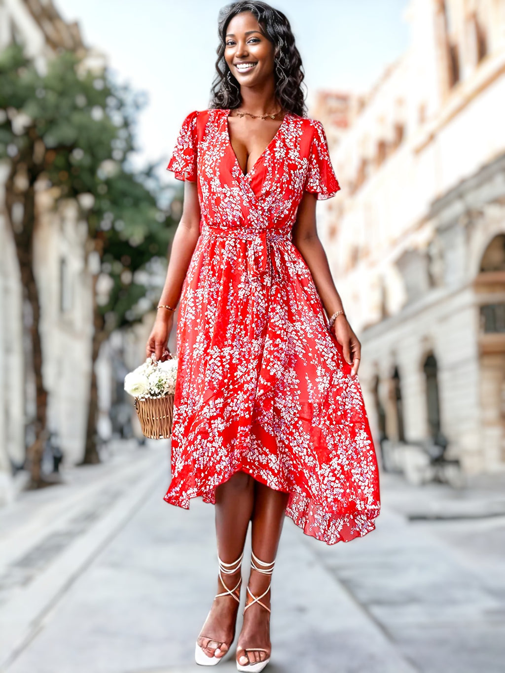 Vestido cruzado con mangas abullonadas y estampado floral 