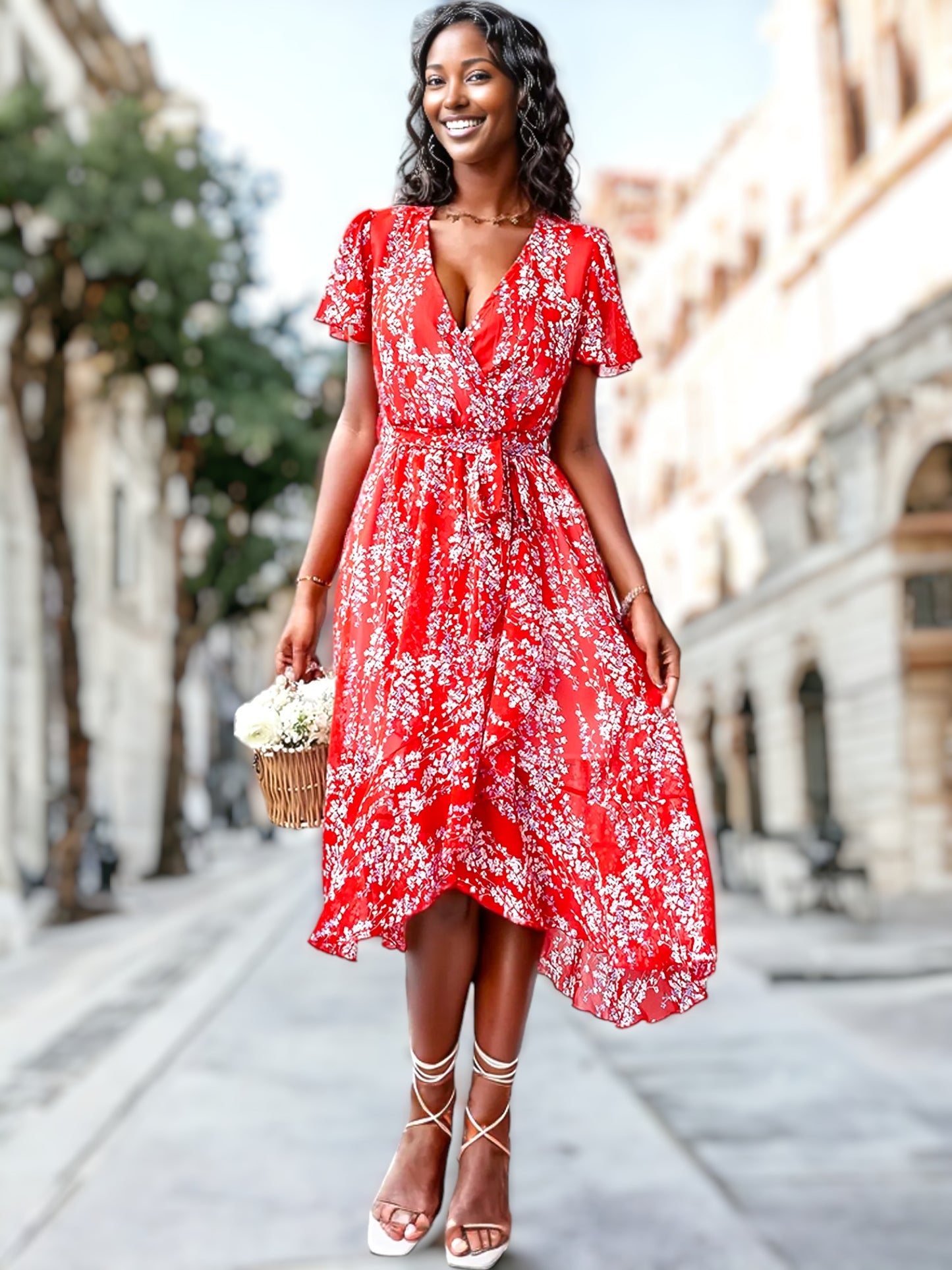 Vestido cruzado con mangas abullonadas y estampado floral 