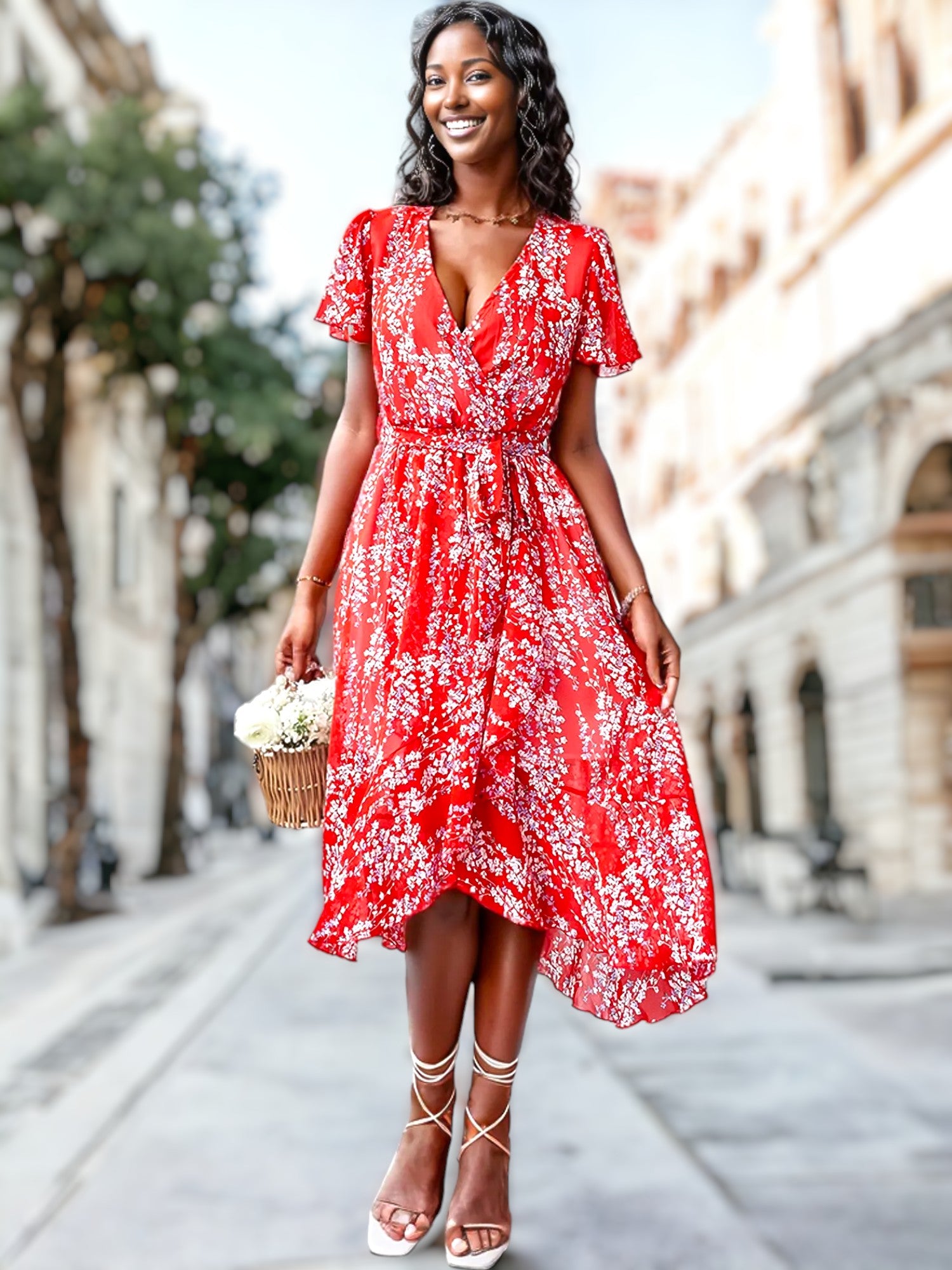 Vestido cruzado con mangas abullonadas y estampado floral 