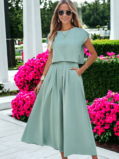 Two Piece Set Casual Short Sleeved Crop Top And Long Skirt