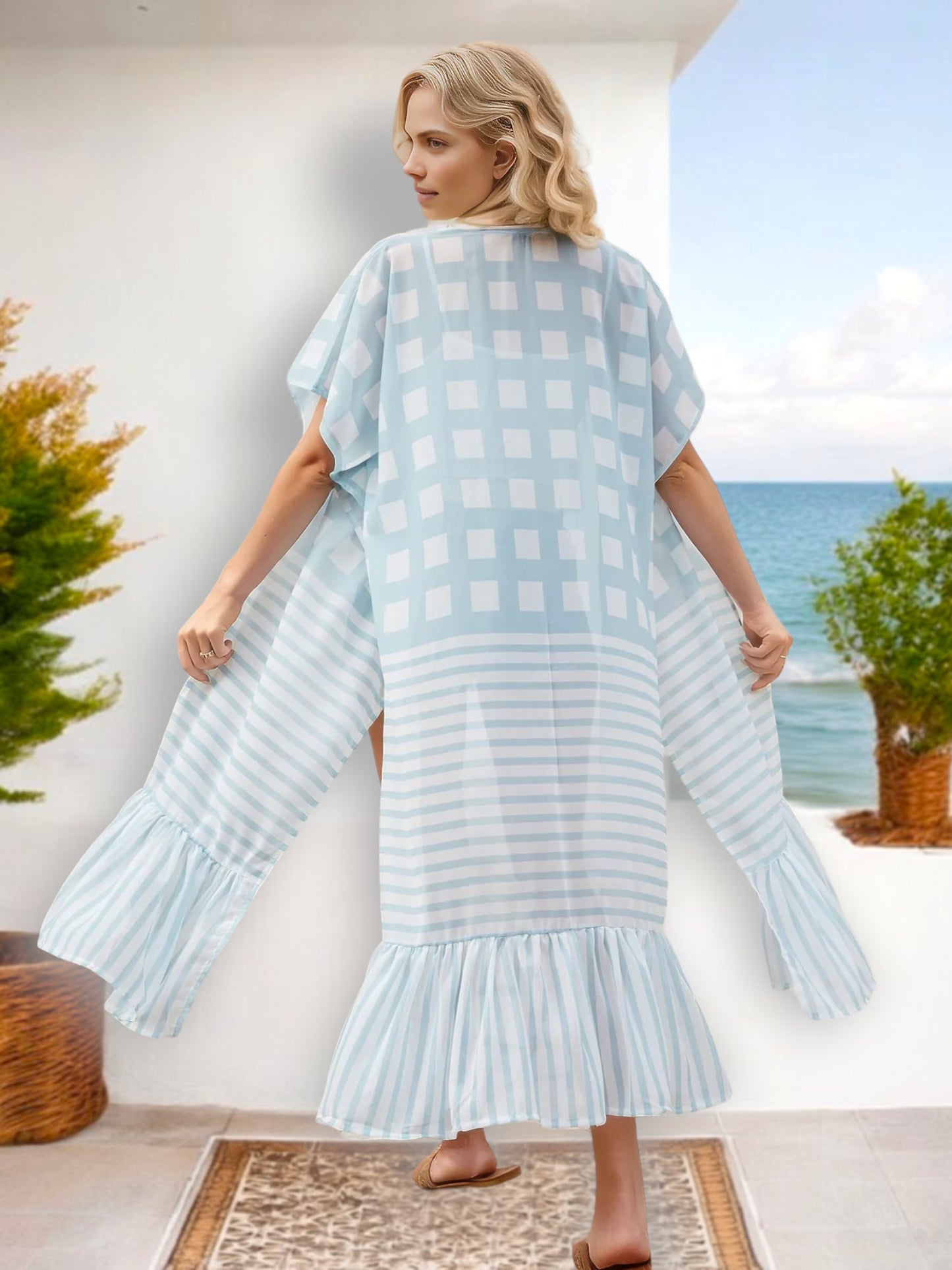 Kimono con estampado geométrico azul claro y dobladillo con volantes para mujer de Anna-Kaci