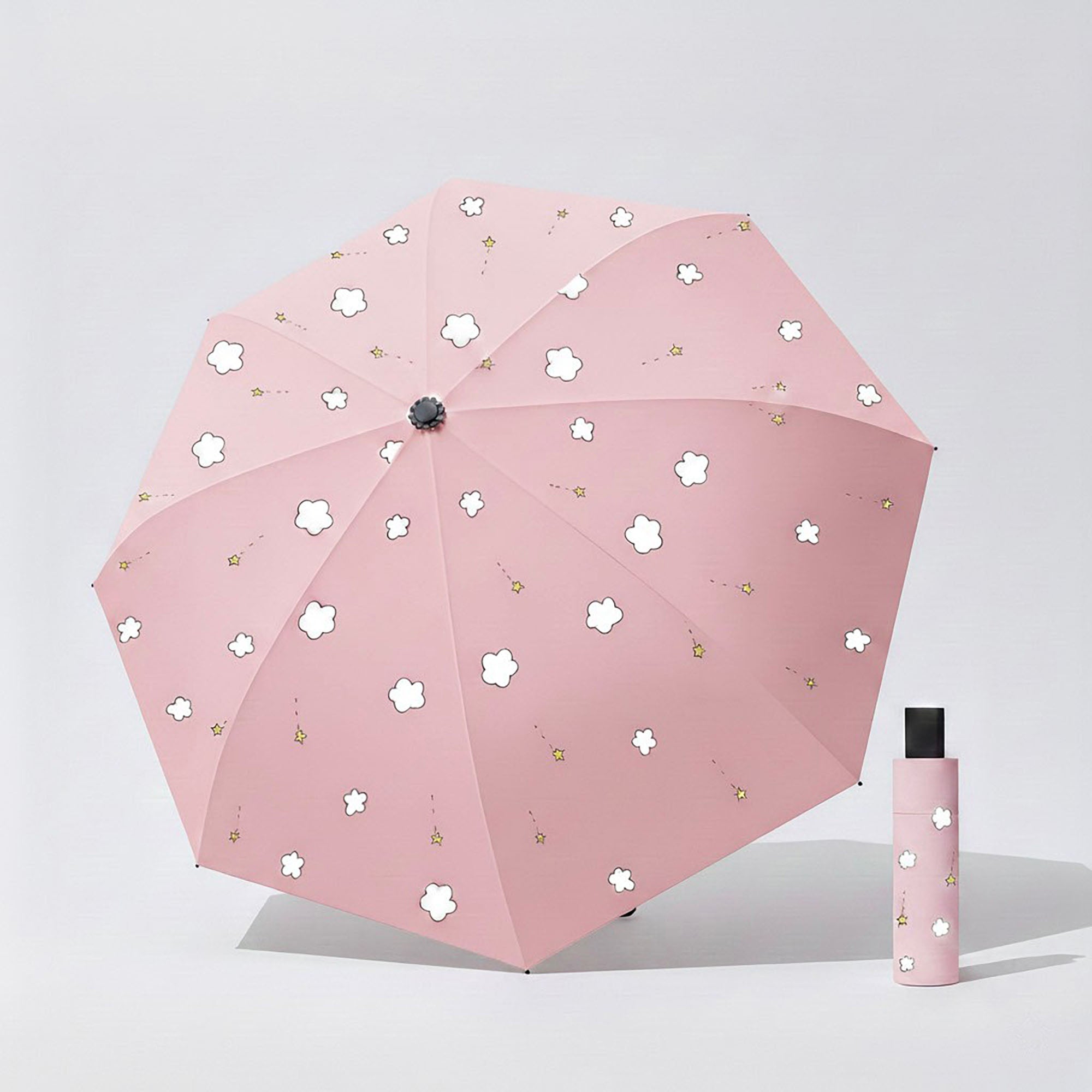 Anna-Kaci Cloud and Star Print Compact Folding Umbrella with Matching Sleeve and Automatic Open