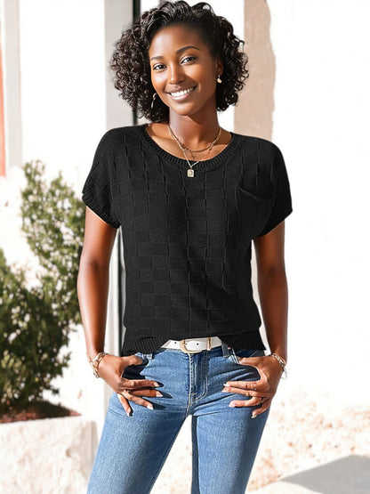 Knitted Square Texture Pattern Round Neck Shirt With Side Pocket Detail