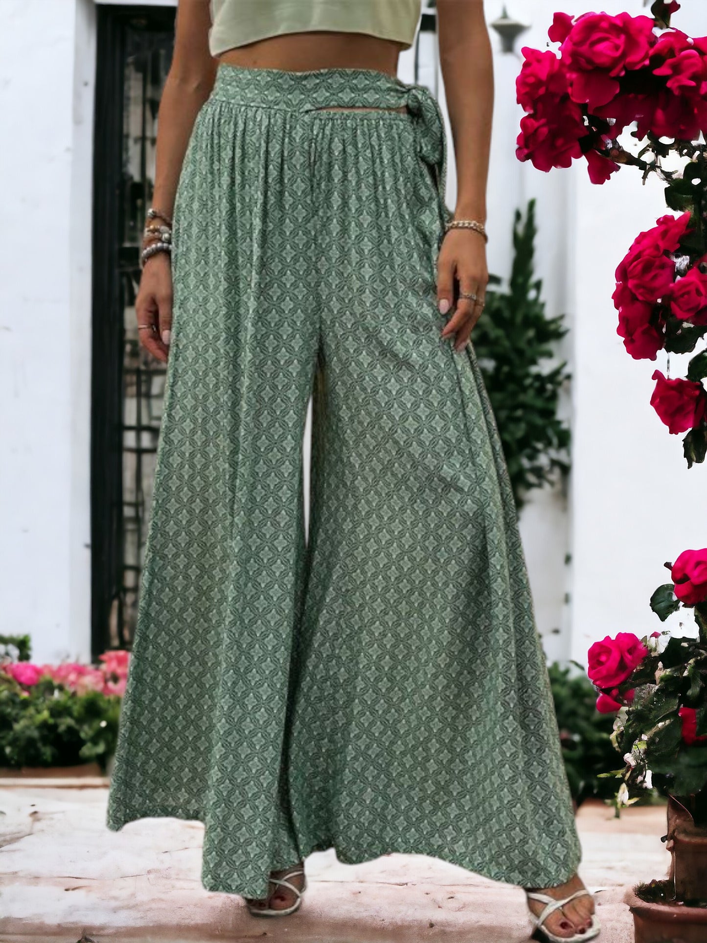 Printed Wide Legged  Waist Tied Pants