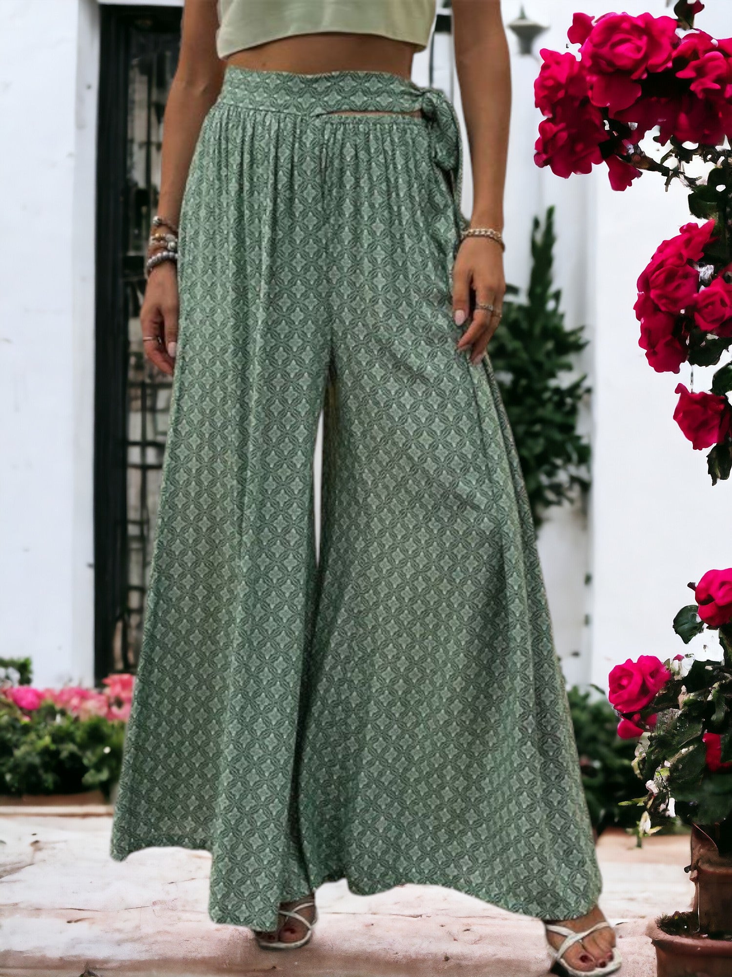Printed Wide Legged  Waist Tied Pants