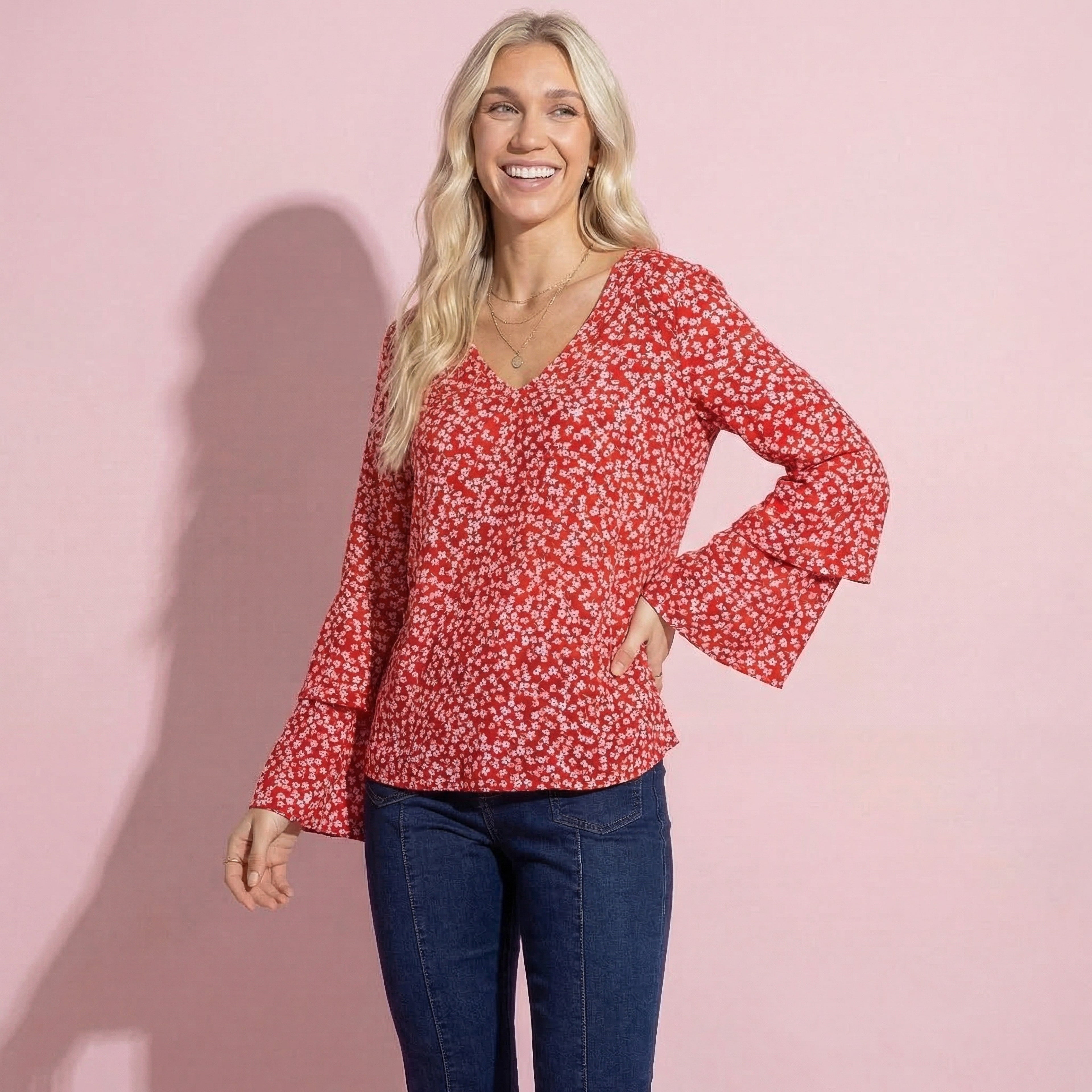 Soft Daisy V-Neck Bell Sleeve Blouse