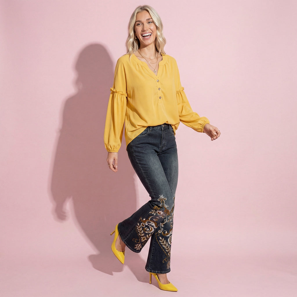 Half Button Front Bishop Sleeve Blouse