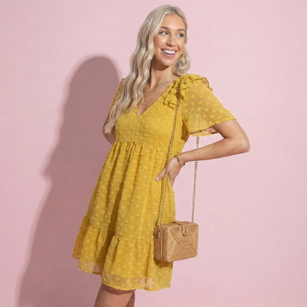 Vestido floral texturizado con hombros con volantes 