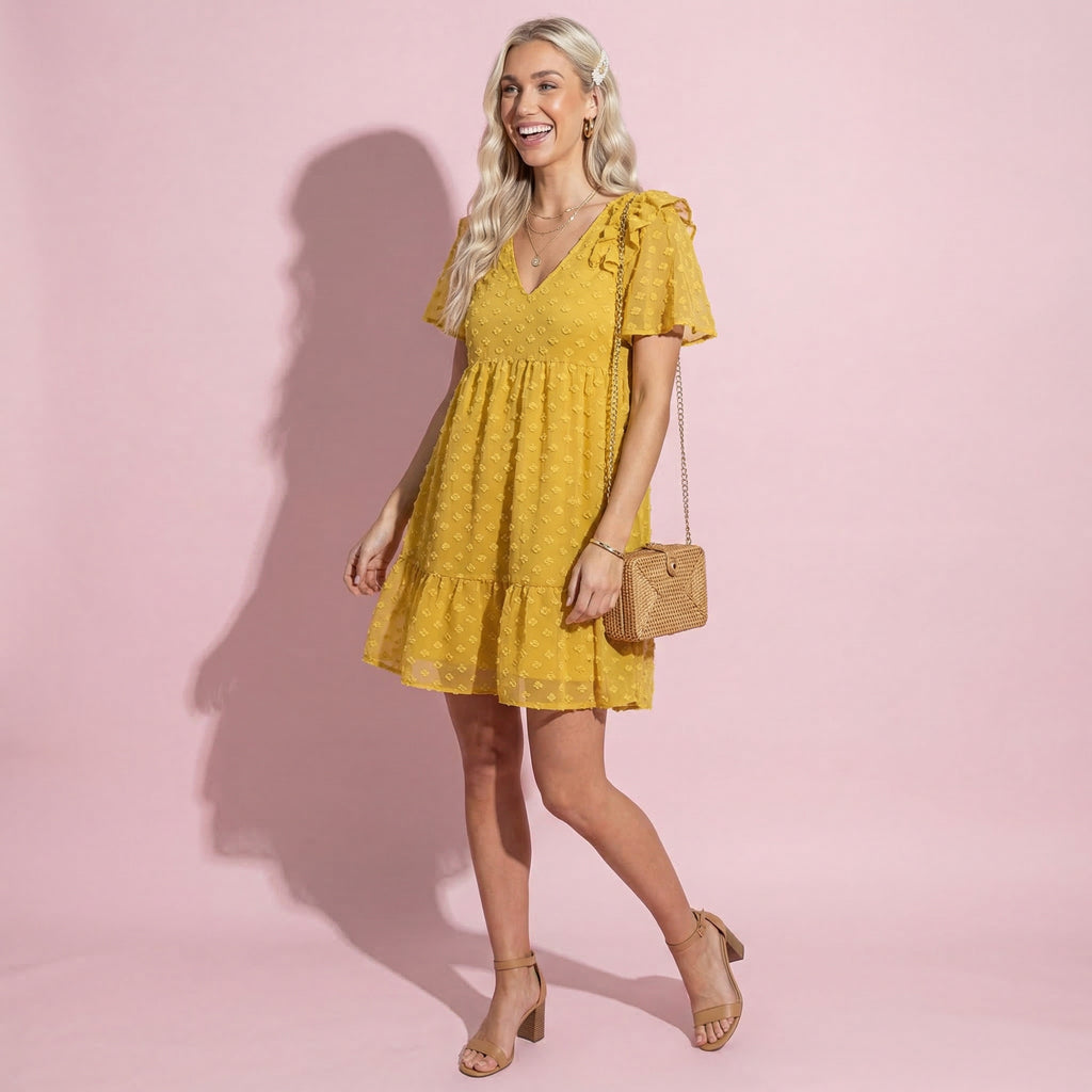 Vestido floral texturizado con hombros con volantes 