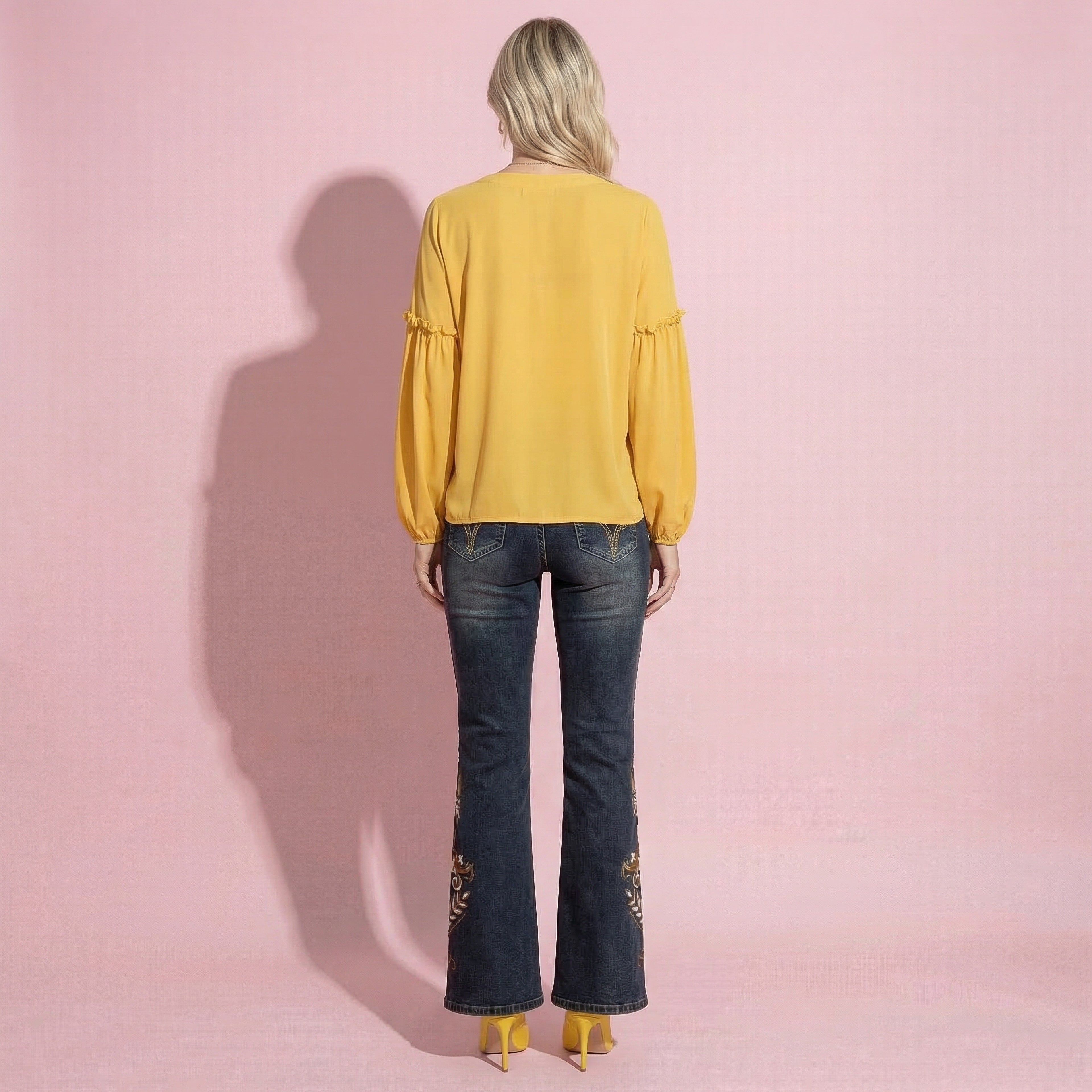 Half Button Front Bishop Sleeve Blouse