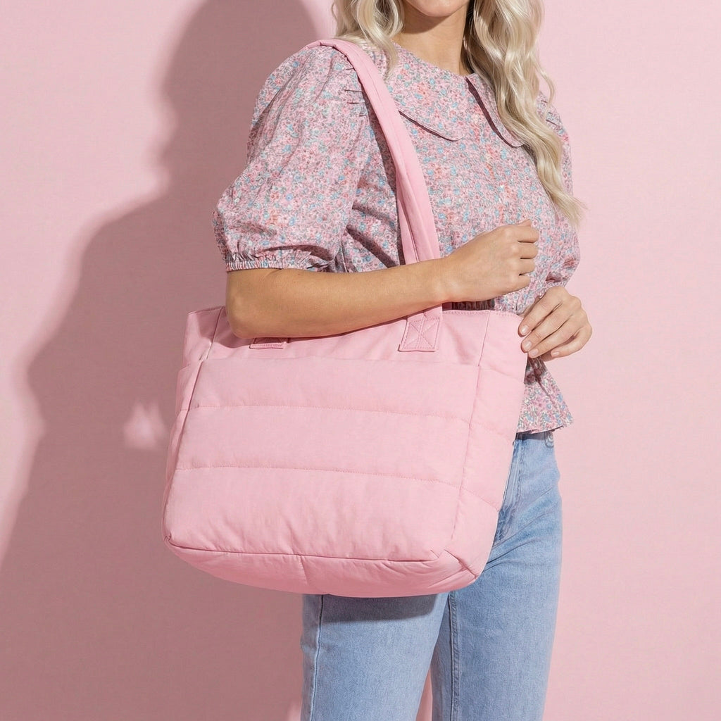 Anna-Kaci Women's Quilted Puffer Tote Bag with Luggage Strap Water-Resistant Padded Panels and Smooth Zipper
