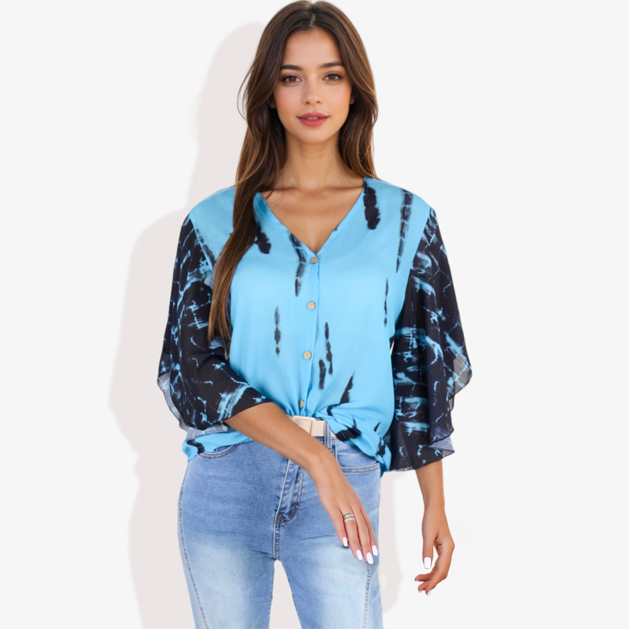 Blusa con mangas estilo kimono y efecto tie-dye con botones en la parte delantera para mujer de Anna-Kaci
