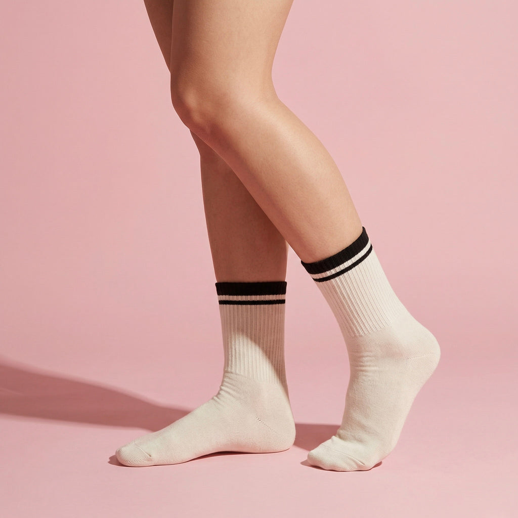 Anna-Kaci Women's 4-Pack Ribbed Crew Socks with Double Stripe Cuff Soft Stretch Fit in Neutral Tones