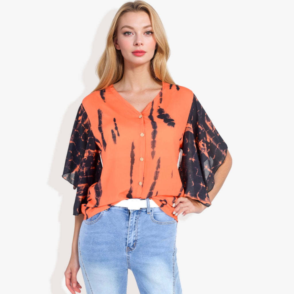 Blusa con mangas estilo kimono y efecto tie-dye con botones en la parte delantera para mujer de Anna-Kaci