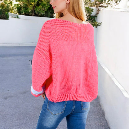 Anna-Kaci Women's Open Knit Cardigan with Bold Stripes and Balloon Sleeves
