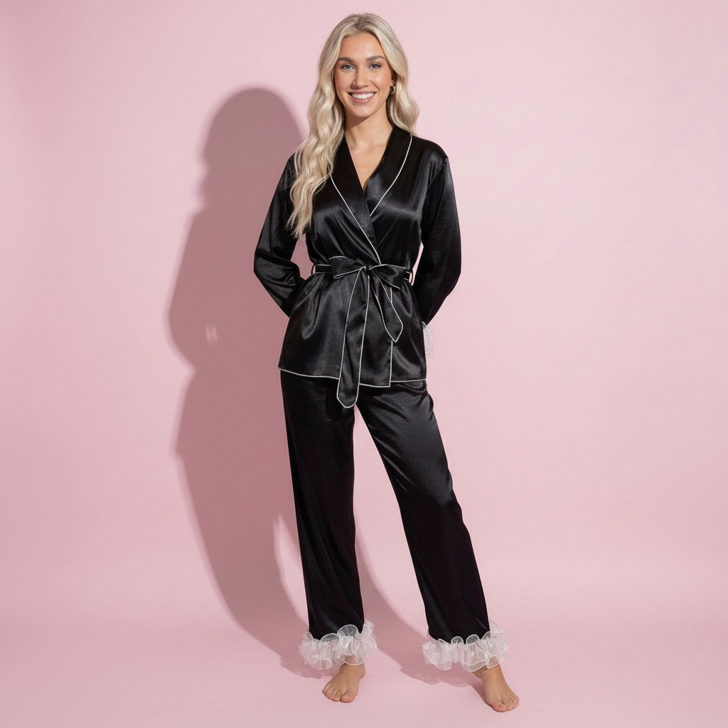 Anna-Kaci Women's 2-Piece Set Satin Wrap Top with Sheer Ruffle Trim and Matching Straight-Leg Pants