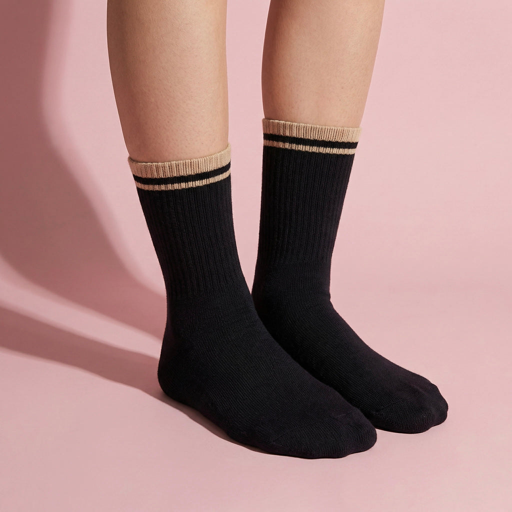 Anna-Kaci Women's 4-Pack Ribbed Crew Socks with Double Stripe Cuff Soft Stretch Fit in Neutral Tones