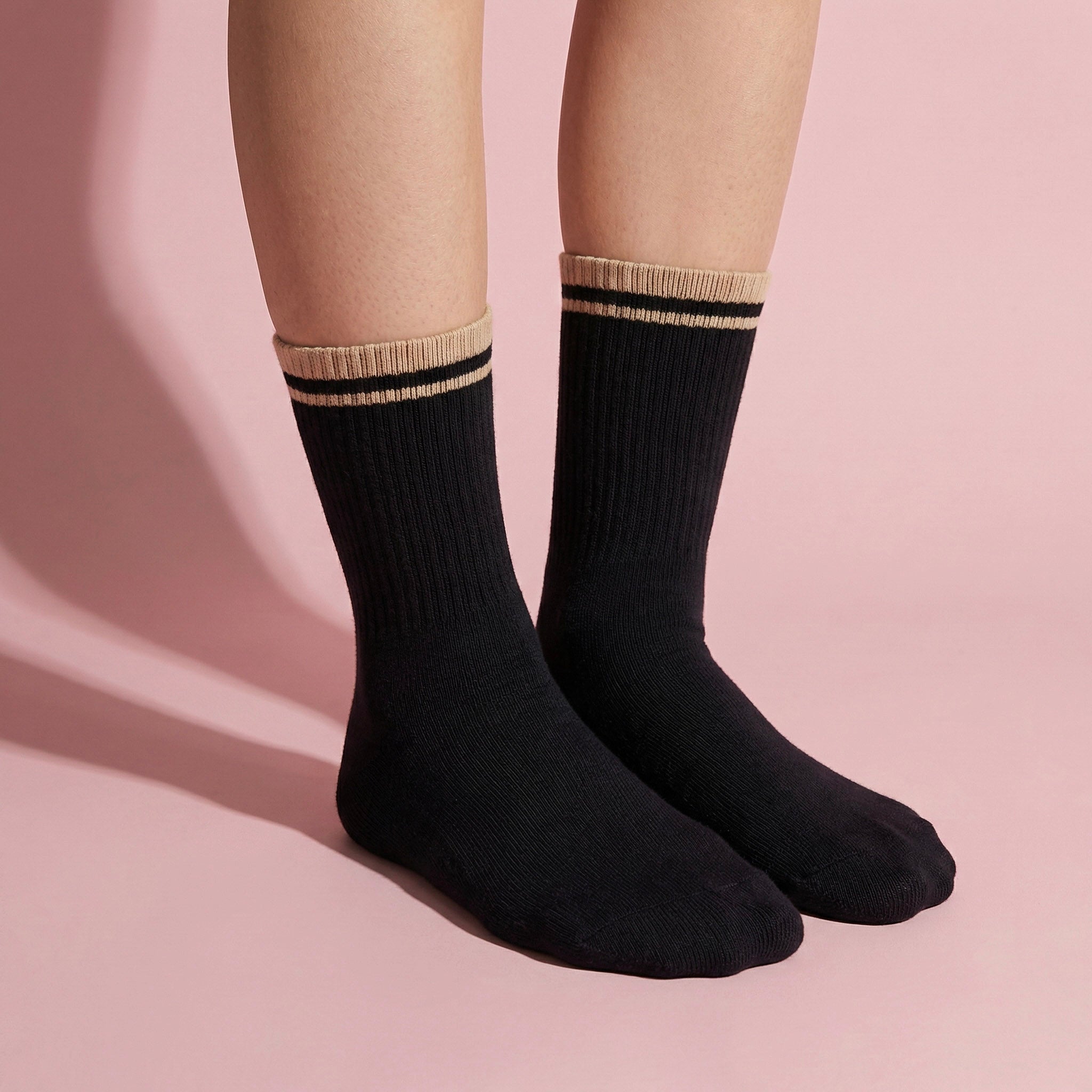 Anna-Kaci Women's 4-Pack Ribbed Crew Socks with Double Stripe Cuff Soft Stretch Fit in Neutral Tones