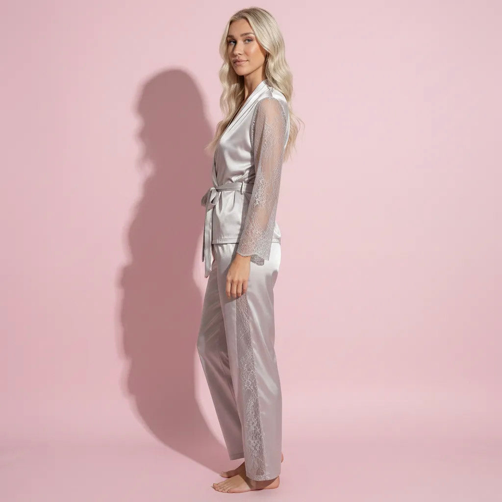 Anna-Kaci Lounge Women's Satin Pajama Set with Lace Sleeve Detail and Matching Tie-Waist Top and Straight-Leg Pants