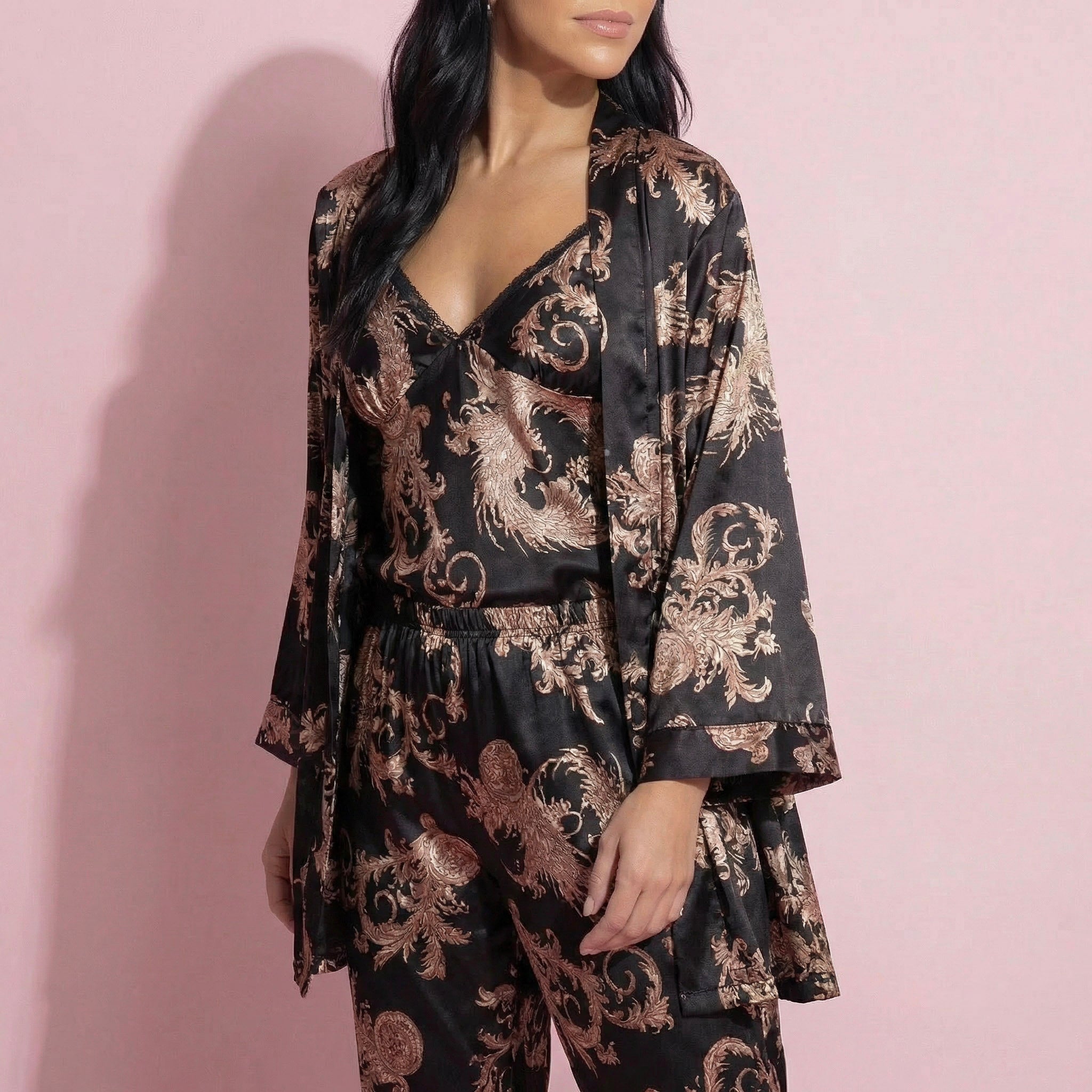 Anna-Kaci Lounge Women's 3-Piece Set Satin Baroque Print Pajama Cami with Matching Robe and Relaxed Straight-Leg Pants